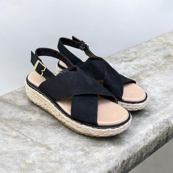 Dr. Scholls “Ember” Cross Strap Espadrille Wedge Sandal in Black Size 6 - Picture 2 of 11